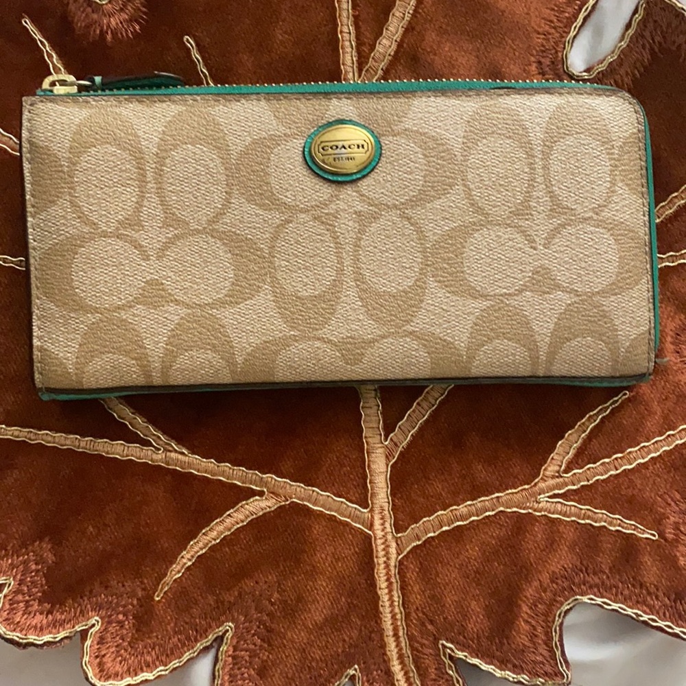 Coach tan and green wallet
